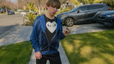 Portrait of Lil Maceee, 18-year-old satirical rapper from Fresno, with blonde dreadlocks, known for songs like Woman Beeter and Opp Hunter, in 2025