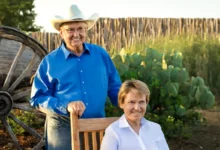 Milt Bradford standing with his wife Mary resting on a chair, symbolizing enduring family ties and his profound legacy in ranching and equine expertise