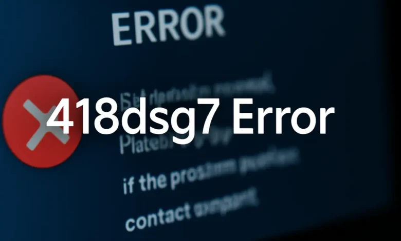 Red warning screen displaying fake 418dsg7 error code on laptop with shocked user in background – SEO spam example 2025